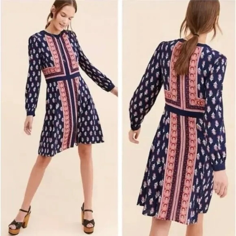 Gal Meets Glam Carlene Floral Block Print Long Sleeve Navy Rose Dress Womens 6